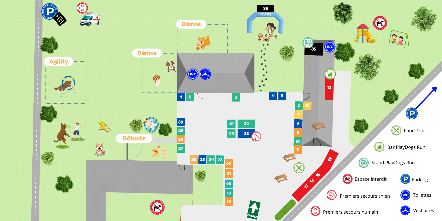 Plan du village de la PlayDogs Run avec les stands numérotés de 1 à 36